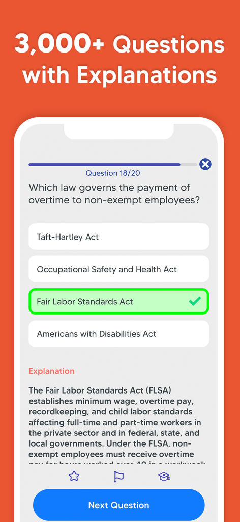 SHRM Exam Prep: HR Test 2024 - 労働法に関する質問の正解と詳細な説明を示すSHRM試験対策アプリの模擬問題