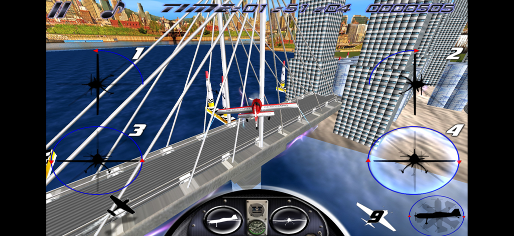 AirRace SkyBox - Gameplay of AirRace SkyBox showing a Sukhoi 26 plane flying over a city bridge with aerobatic maneuver indicators
