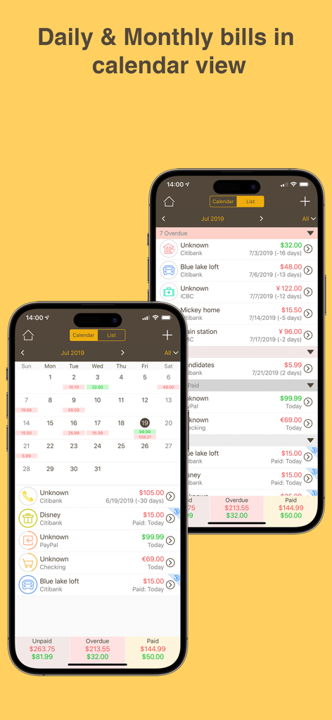 Money Monitor Pro app interface showing daily and monthly bills in both calendar and list views on two iPhones