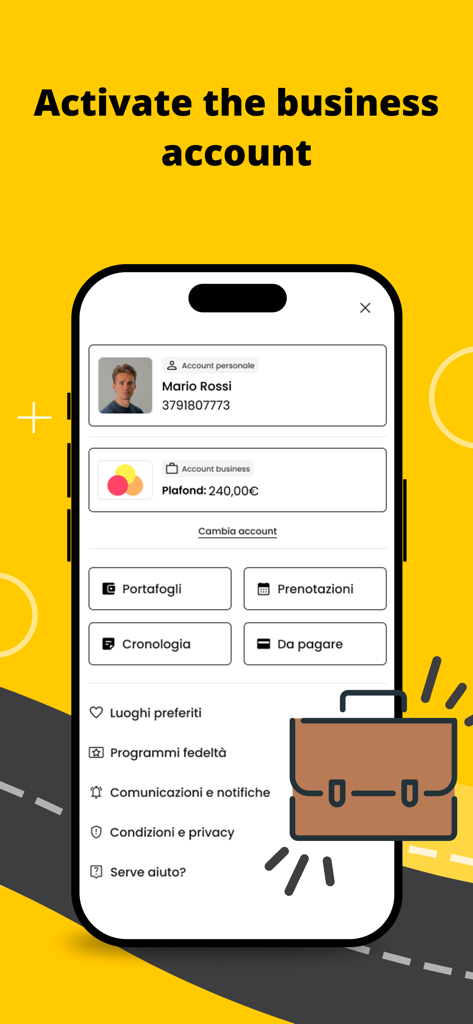 appTaxi - Book and Pay Taxis - Oberfläche von appTaxi, die den Aktivierungsbildschirm für ein Geschäftskonto-Profil anzeigt.