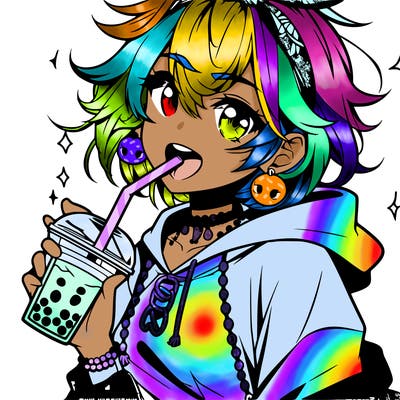 hot baddie anime girl drinking boba and biting the straw