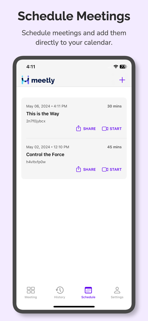 Meetly - Video Meetings - Interfaz de la aplicación Meetly que muestra videollamadas programadas en un iPhone.
