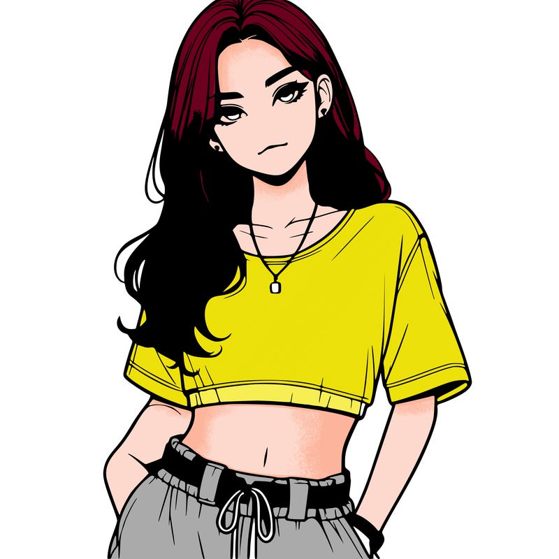 realistic girl witha crop top and baggy pants