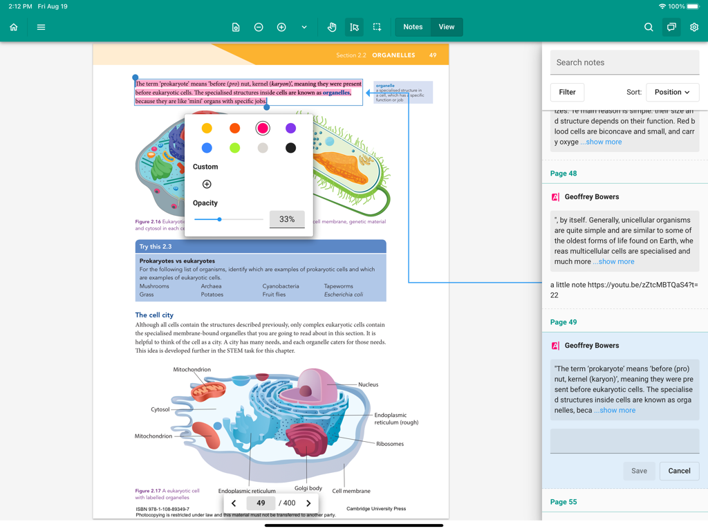 Box of Books Reader - Digital textbook page in Box of Books Reader showing biology content with text highlighting tools and a side notes panel on an iPad.
