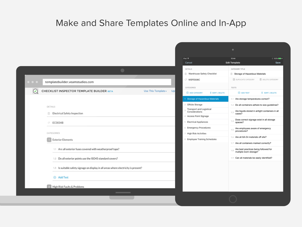 Checklist Inspector template builder interface on laptop and iPad