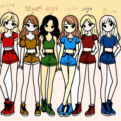 a group of girls wearing crop tops and shorts