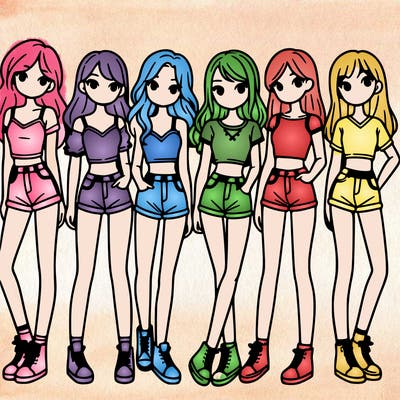 a group of girls wearing crop tops and shorts