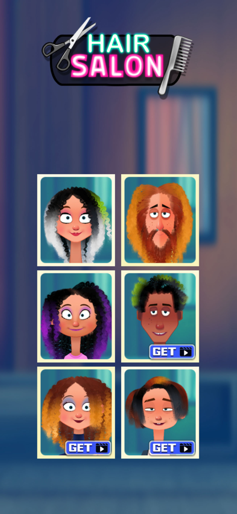 Hair Salon Star - hairdresser - Character selection screen for Hair Salon Star showing six diverse avatars with different hair types and colors.