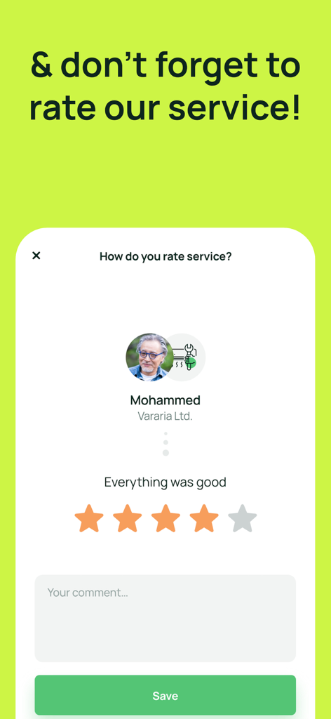 سيرف مي SrvMe - SrvMe mobile app screen for rating a home service provider with star ratings and a comment box.