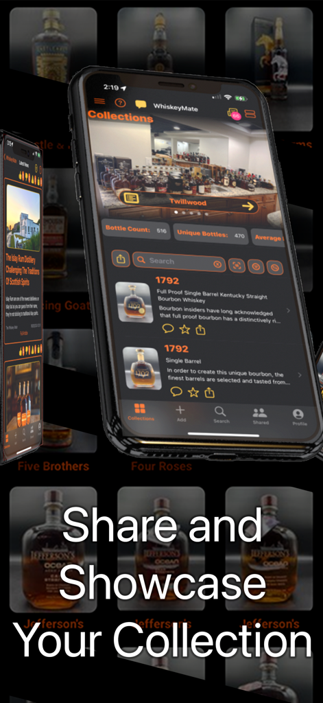 WhiskeyMate mobile app interface highlighting the feature to share and showcase a spirits collection