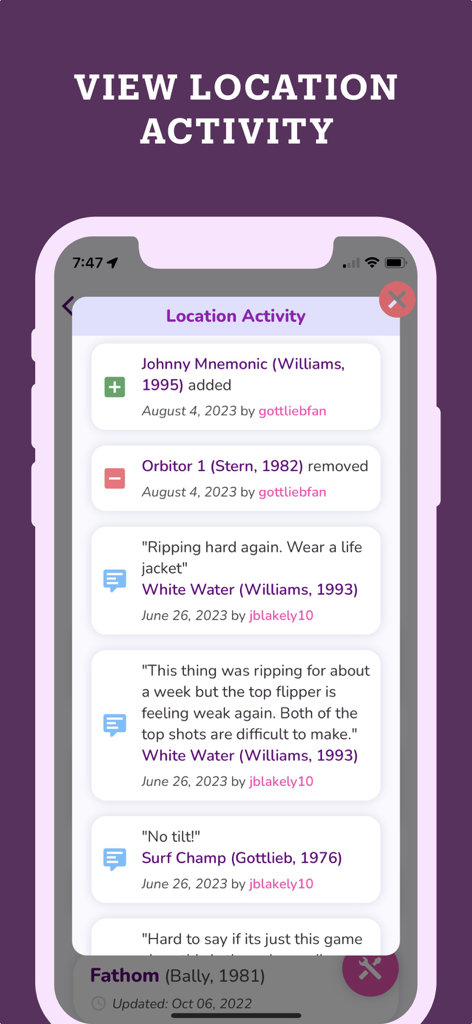 A screen from the Pinball Map app displaying a feed of recent machine additions and user comments regarding machine condition.