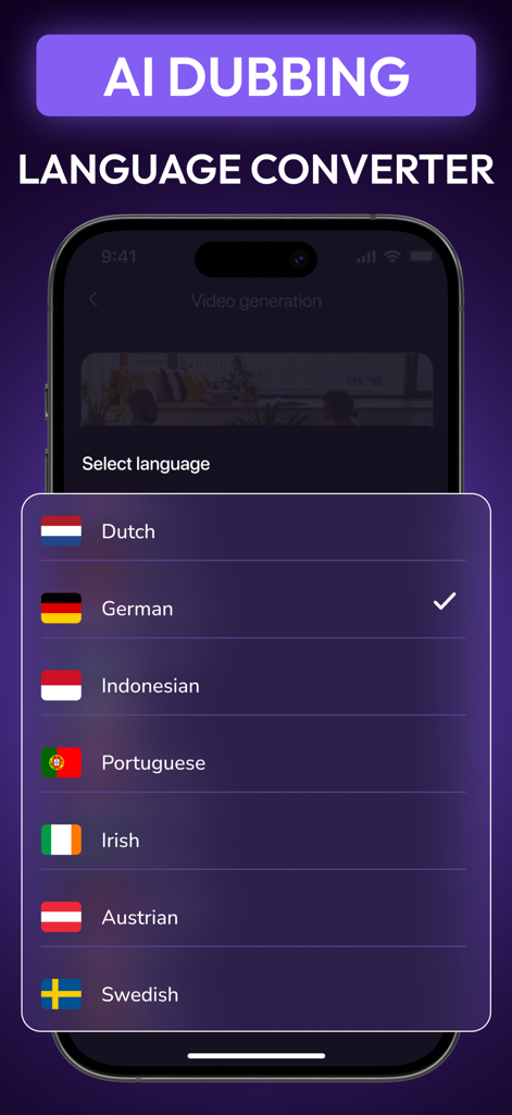 AI Video Dubbing: DubX - AI動画ダビング用のドイツ語、オランダ語、ポルトガル語などのオプションが表示されたDubXアプリの言語選択インターフェースを示すスマートフォンの画面