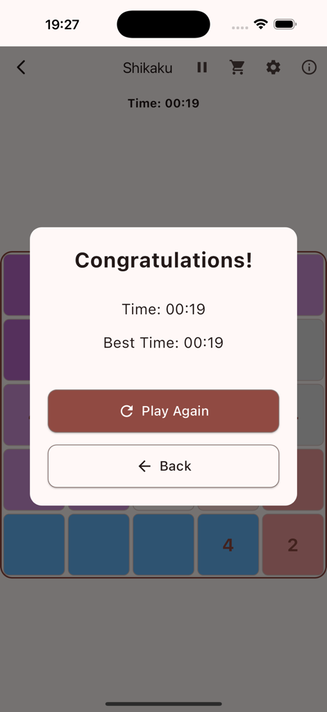 Puzzle Master - Brain Training - A completed Shikaku puzzle in the Puzzle Master app showing a congratulations message and a new best time record
