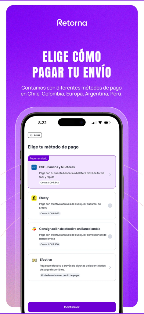 Retorna: envía dinero seguro - Pantalla de la aplicación Retorna mostrando diferentes métodos de pago para transferencias internacionales de dinero.
