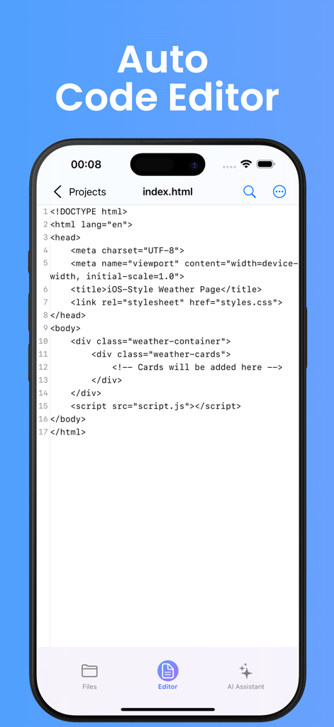 Kilo Code - Interface do aplicativo Kilo Code no iPhone mostrando um editor de código HTML com realce de sintaxe para um projeto de página de clima