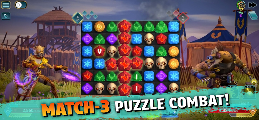 Una captura de pantalla del juego de Puzzle Quest 3 que muestra un tablero de gemas match-3 entre dos personajes de fantasía en una arena de combate 3D.