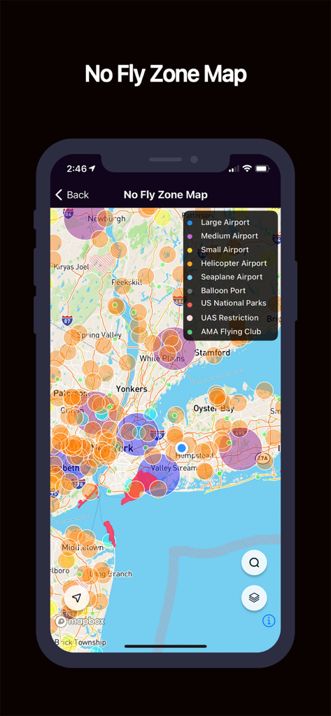 Drone Buddy: Fly Drone Safely - Mapa de zonas de no vuelo de la aplicación Drone Buddy que muestra restricciones del espacio aéreo codificadas por colores y ubicaciones de aeropuertos