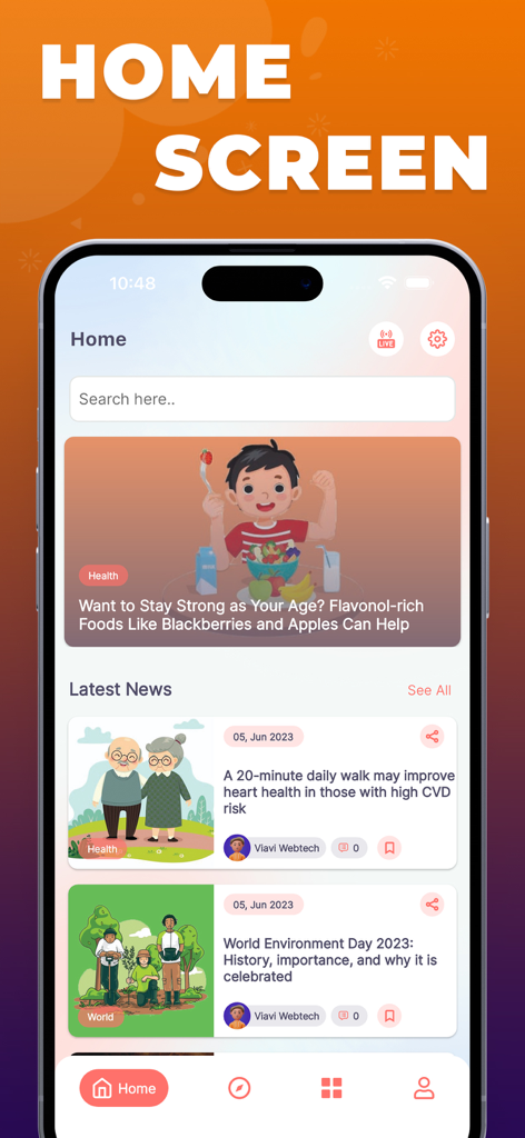 NewsAtTimeアプリのホーム画面。検索バーと、健康および環境トピックの最新ニュースカードが表示されています。