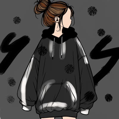 realistic girl with a oversized sweatshirt on and a bun
