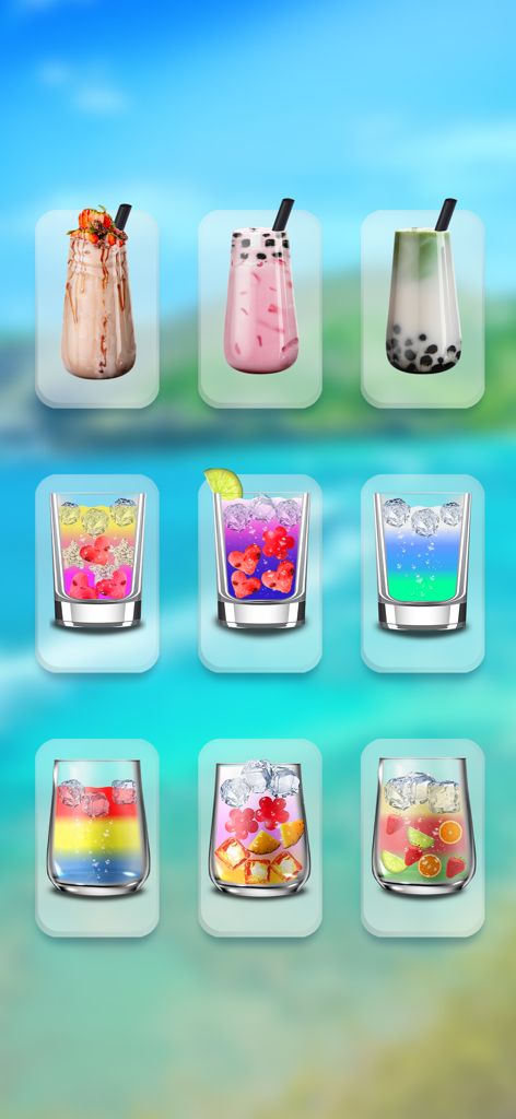 Uma grade de bebidas virtuais coloridas de boba e frutas no aplicativo Piada iDrink Chá de Leite