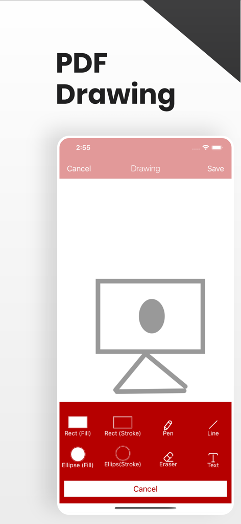 PDF Maker Pro App mit der Zeichen- und Annotations-Oberfläche mit verschiedenen Form- und Stift-Werkzeugen