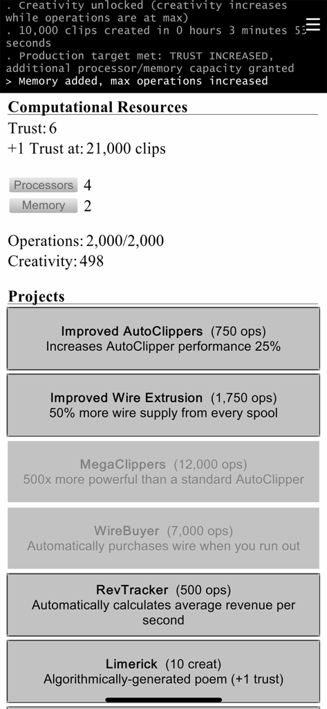 Universal Paperclips™ - A screenshot of the Universal Paperclips game showing computational resources and projects menu