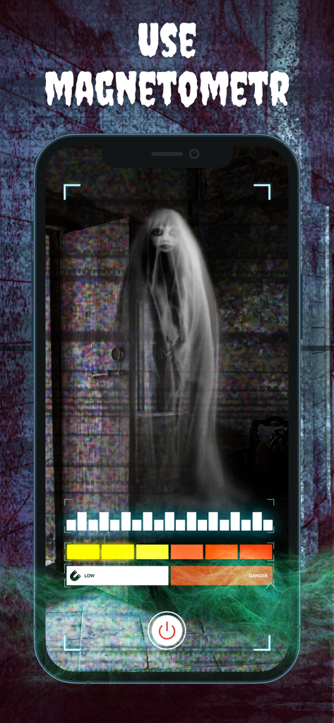 Ghost Detector - Spirit Box - Ghost detector app interface displaying a spooky spirit and a magnetometer scale