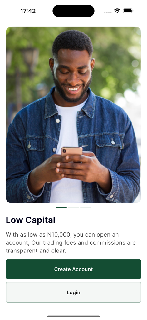 MeriTrade - A smiling man using the MeriTrade app onboarding screen highlighting low capital account opening