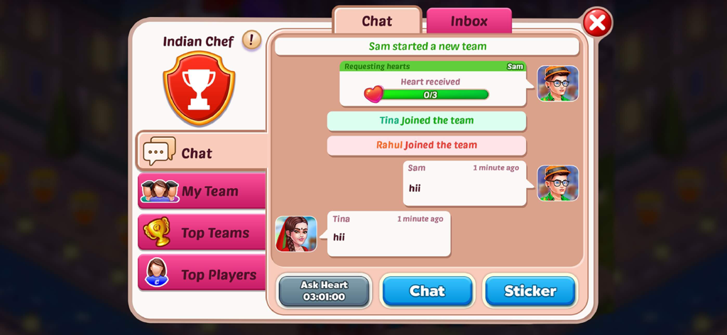 Cooking Event : Cooking Games - Chat de equipo en el juego y menú de interacción social en Evento de Cocina.