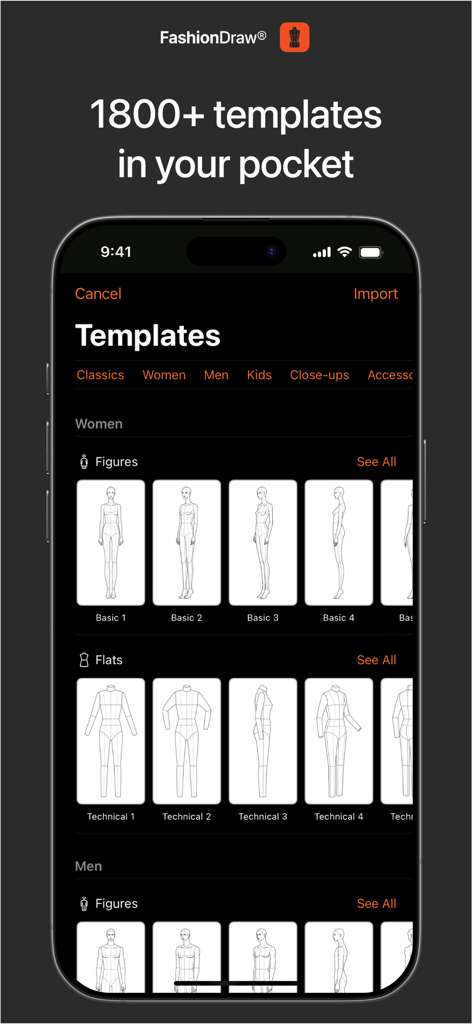 Interface of FashionDraw app displaying various fashion design templates including figures and flats for women and men