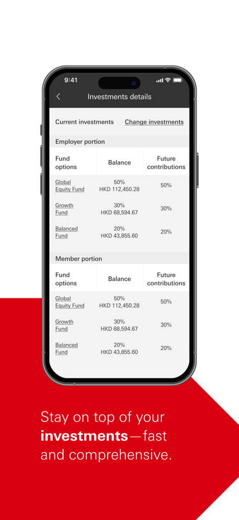 HSBC ORSO Member - Aplicación móvil HSBC ORSO Member que muestra detalles de inversión con saldos de fondos y asignaciones de contribuciones para las partes del empleador y del miembro.