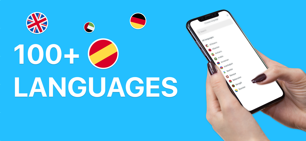Translate - Live Translator - Smartphone exibindo uma lista de mais de 100 idiomas suportados pelo aplicativo Traduzir em um fundo azul