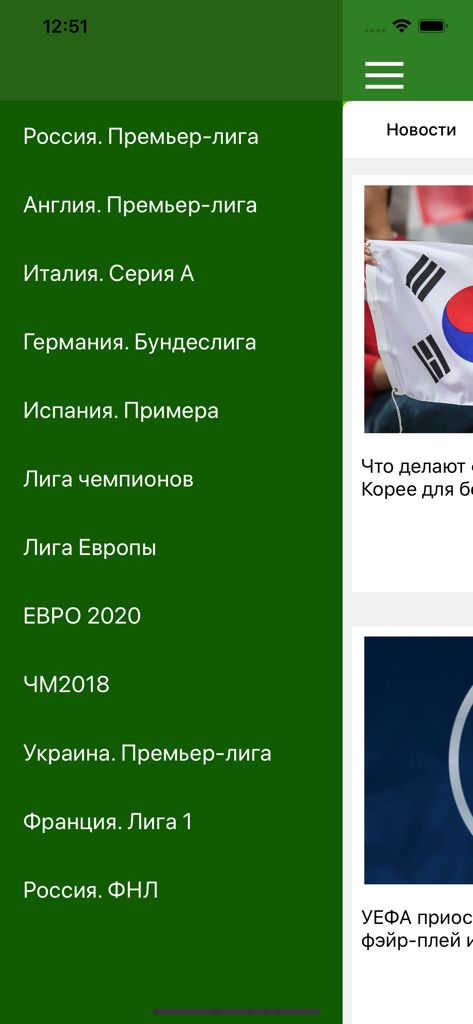 Евро-Футбол.ру: новости футбол - Navigation menu of the Euro-Football.ru app listing various football leagues and tournaments