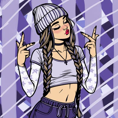 realistic teenage girl with braids and a beanie and crop top doing 🫶🏼