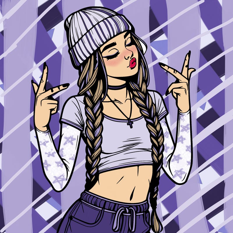 realistic teenage girl with braids and a beanie and crop top doing 🫶🏼
