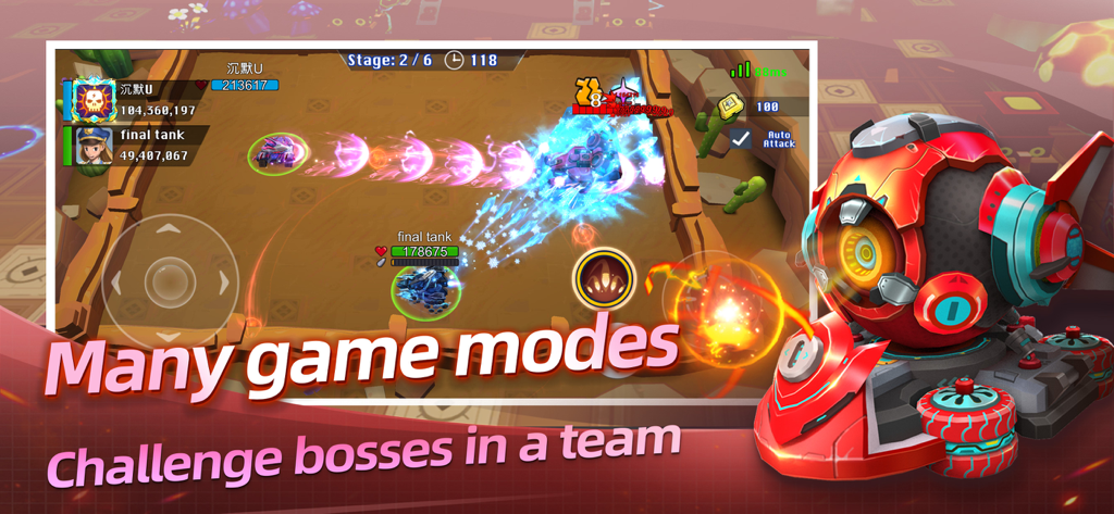 Final Tank 3D - A group of tanks attacking a large robotic boss in a cooperative team challenge mode.