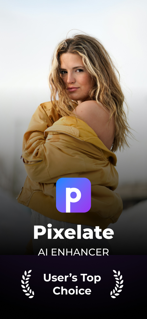 Pixelate - AI Photo Enhancer - Pixelate AI Photo Enhancer splash screen featuring a portrait of a woman in a yellow jacket.