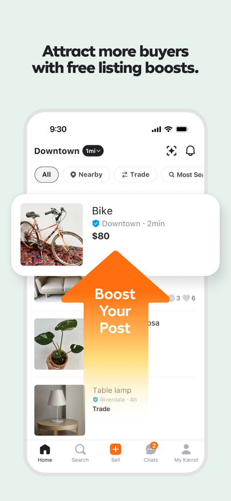 Karrot app screen showing a local marketplace feed and a boost your post feature