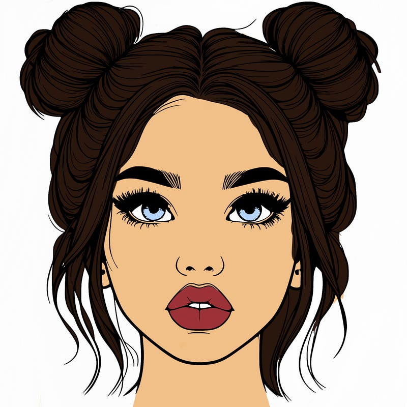realistic girl with two buns on her hair and lips