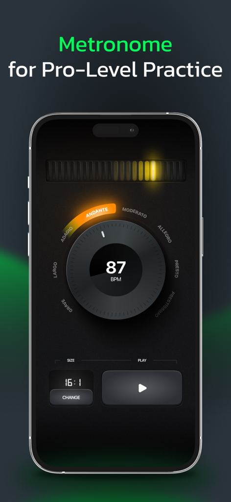 Guitar Tuner - Stringo - Écran de smartphone affichant la fonction métronome de l'application Stringo avec un cadran BPM.