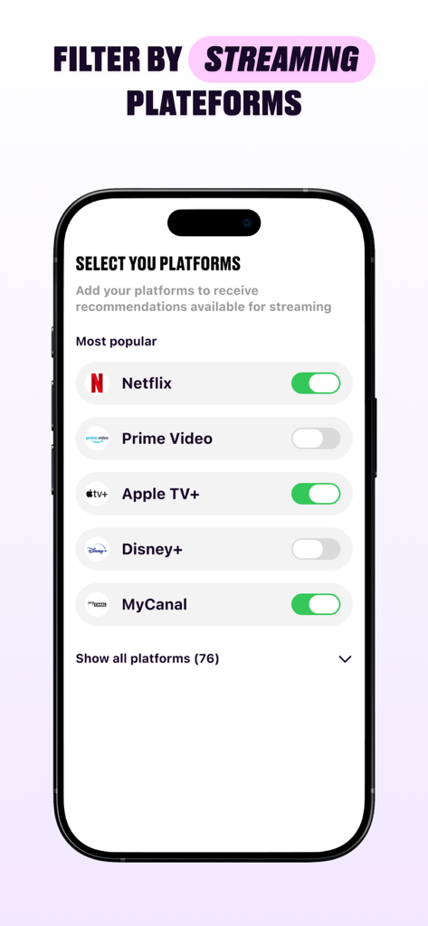 OneMovie - Movies & TV shows - Schermata dell'app OneMovie che mostra l'opzione per selezionare e filtrare i suggerimenti di film per piattaforme di streaming come Netflix e Apple TV.
