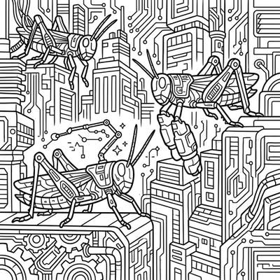 Explore a fascinating blend of nature and technology with this unique Cyberpunk Grasshopper coloring page. Immerse yourself in a high-tech future where these insect marvels navigate a complex, circuit-board cityscape.