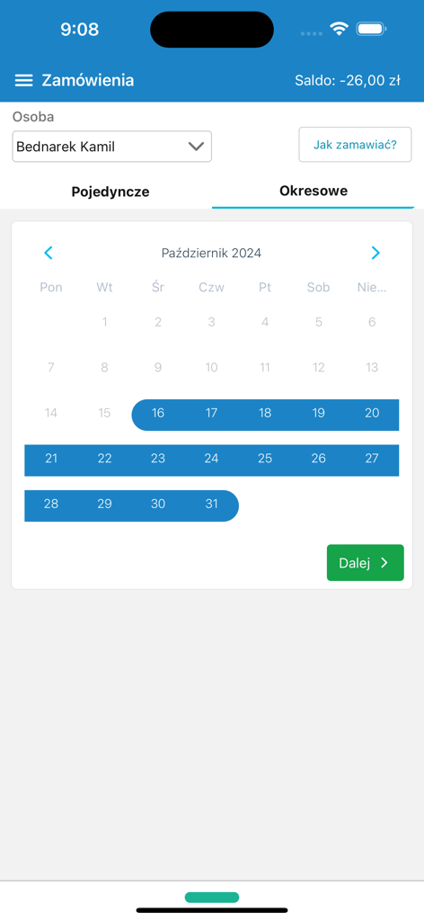 zamowposilek.pl - Interfaz de aplicación móvil que muestra un calendario para programar pedidos de comidas escolares.