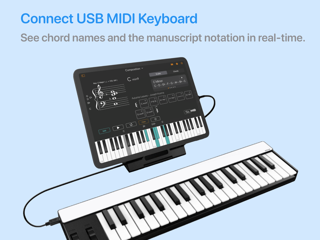 Chordio: compose & learn music - Chordio app on iPad connected to a MIDI keyboard for real-time music notation.
