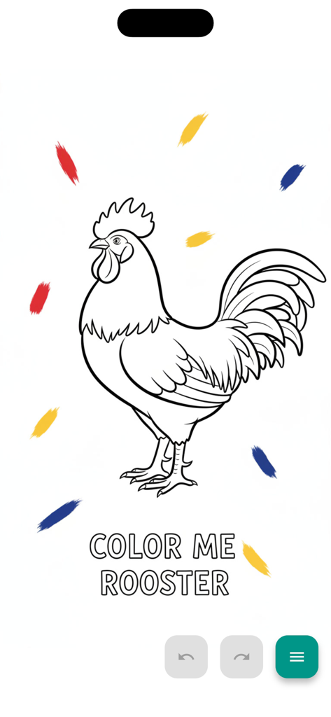 PaintHood - Simple Drawing App - A rooster outline drawing for coloring in the PaintHood simple drawing app interface.