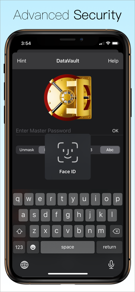 Password Manager Data Vault - DataVault Password Manager login screen showing Face ID authentication and master password input field.