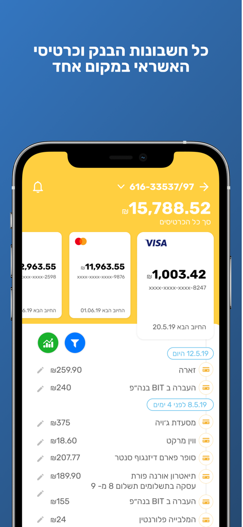 FamilyBiz - כסף ביטוח פנסיה - FamilyBiz mobile app dashboard showing consolidated Israeli bank accounts and credit card balances in Hebrew