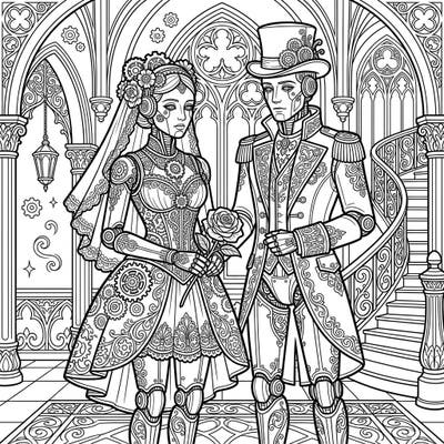 Discover a captivating scene where humanoid robots exchange vows in an opulent Gothic setting. This intricate coloring page invites you to bring a unique blend of mechanical and romantic elegance to life.