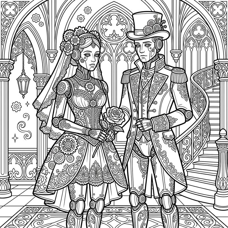 Discover a captivating scene where humanoid robots exchange vows in an opulent Gothic setting. This intricate coloring page invites you to bring a unique blend of mechanical and romantic elegance to life.