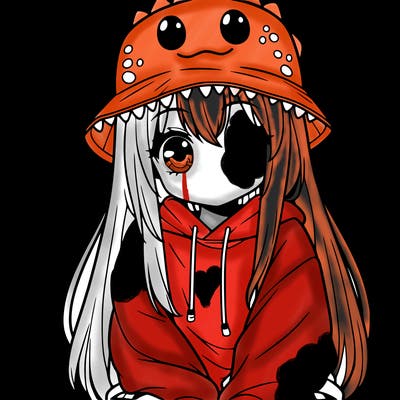 girl with anime shaped eyes with a dinosaur bucket hat oversized sweatshirt long straight hair